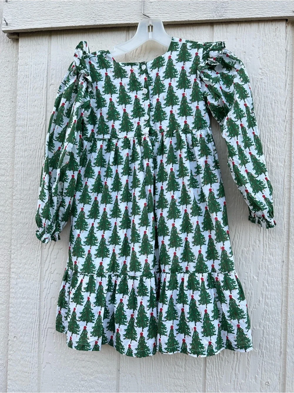Girls Green Christmas Tree Print Dress -